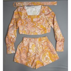 Mulla Linen Paisley Crop Top and Shorts Set L Orange White W/Belt Lined Party